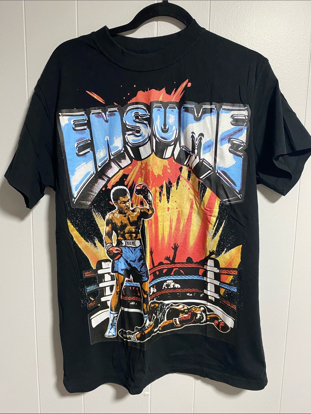 Black Boxing Graphic Tee with Blue and Yellow Accents